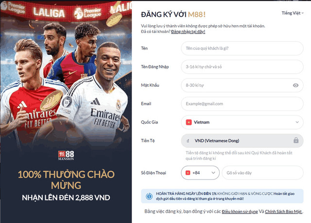 Điền đầy đủ các thông tin mà nhà cái M88 yêu cầu