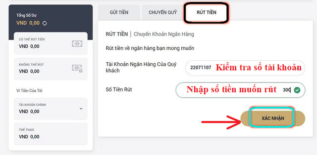Xác nhận để rút tiền M88 về tài khoản ngân hàng