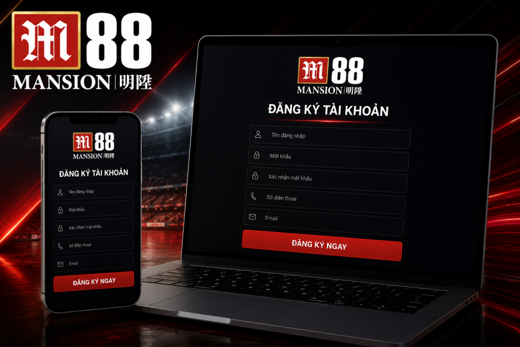 Giao diện trang đăng ký M88 trên máy tính và điện thoại với logo M88 nổi bật
