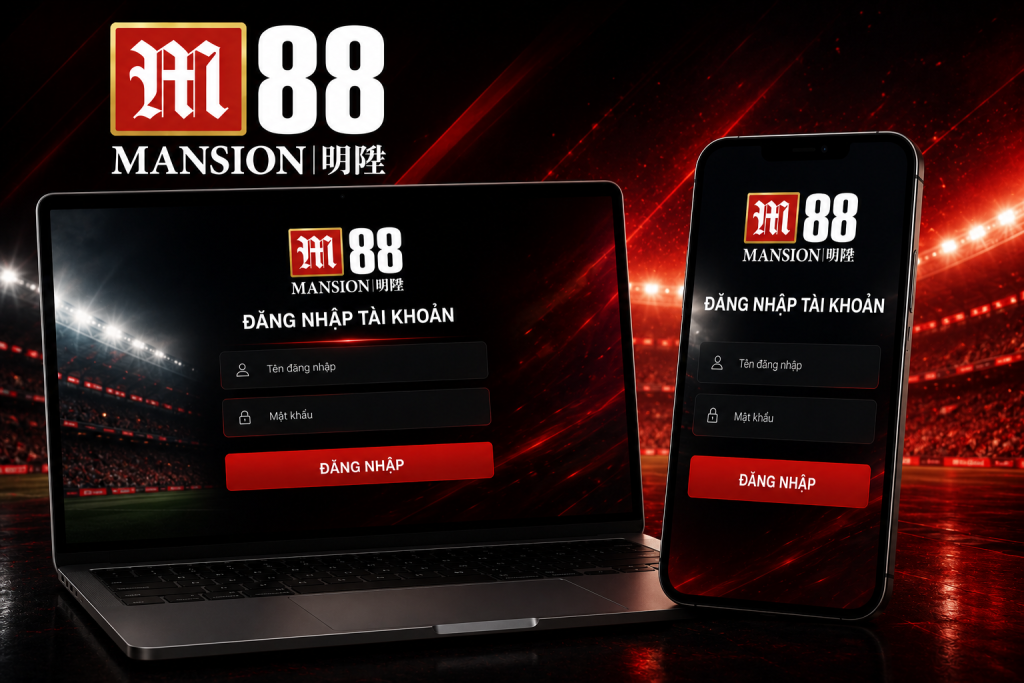 Giao diện đăng nhập M88 hiển thị trên laptop và điện thoại với logo M88 nổi bật, thiết kế hiện đại, tông màu đen đỏ sang trọng