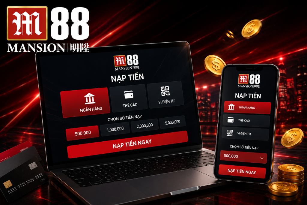 Giao diện nạp tiền M88 hiển thị trên laptop và điện thoại, logo M88 nổi bật, giao diện thanh toán hiện đại với tông màu đen đỏ sang trọng