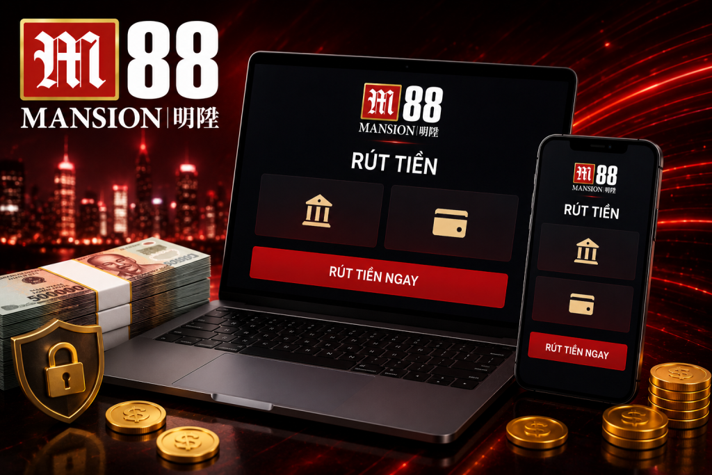 Giao diện rút tiền M88 trên laptop và điện thoại, logo M88 nổi bật, màn hình hiển thị biểu mẫu rút tiền với phong cách hiện đại, tông màu đen đỏ sang trọng