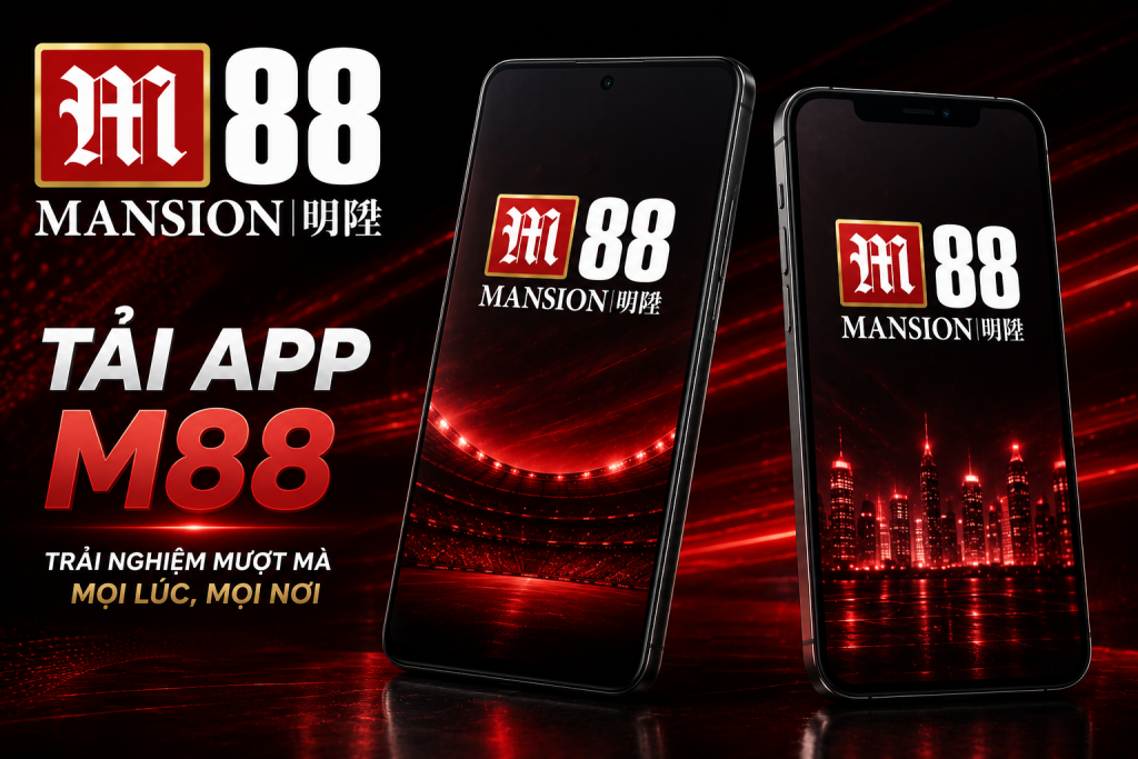 Điện thoại Android và iPhone hiển thị giao diện App M88, logo M88 nổi bật, nền công nghệ hiện đại với tông màu đen đỏ sang trọng